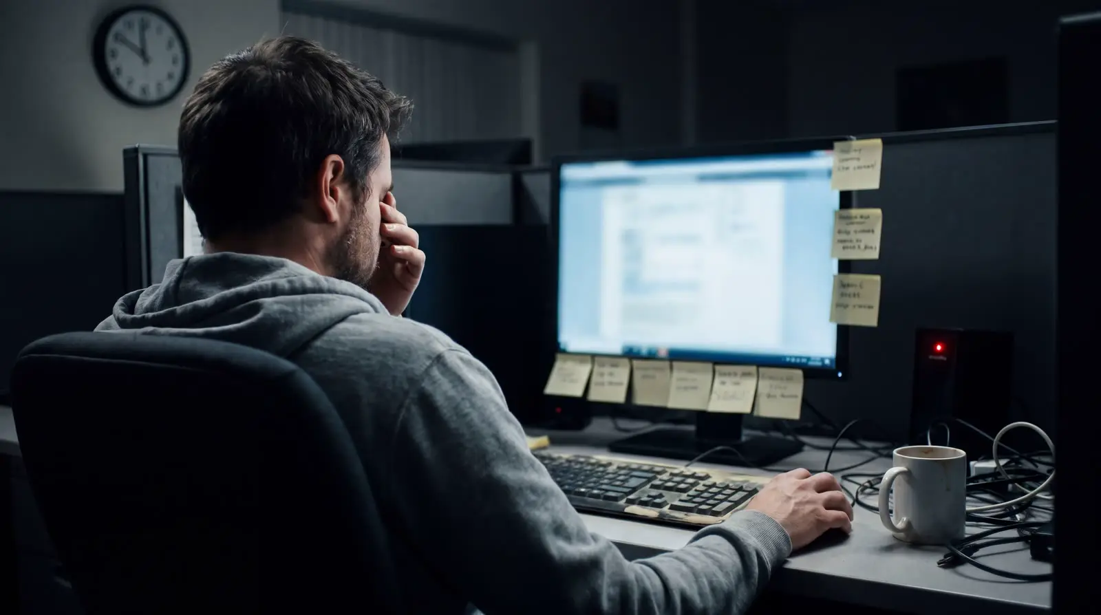 Technik późnym wieczorem przy biurku, zmęczony, przed monitorem obklejonym karteczkami z zadaniami.